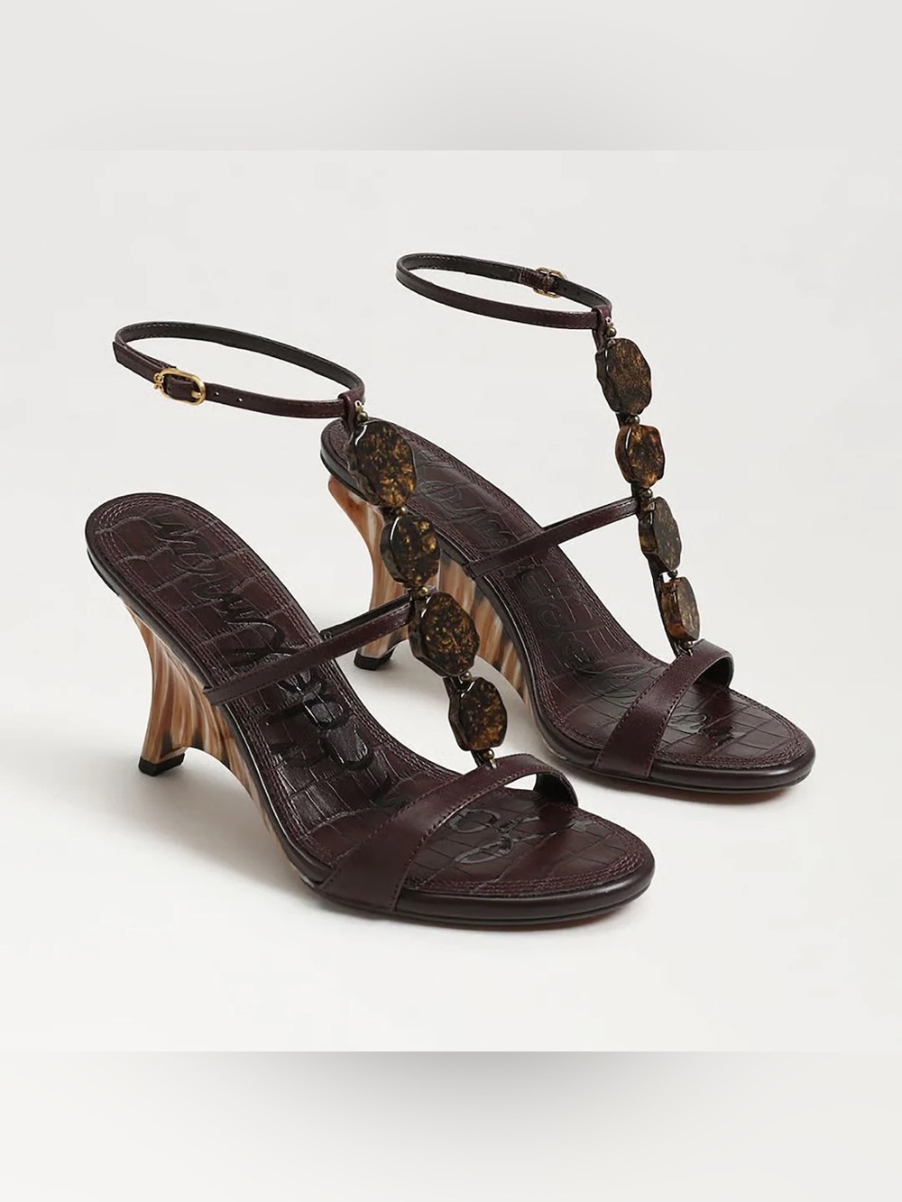 Sam Edelman Dark Brown T-Strap Heeled Sandals with Tortoiseshell Accents